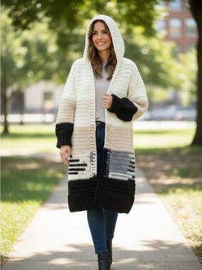 #3031 ‼️NEW‼️ Hand Crochet Oversized Chunky Hooded Colorblock Cardigan Sweater